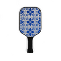 Pickleball paddle with blue floral pattern on a white background