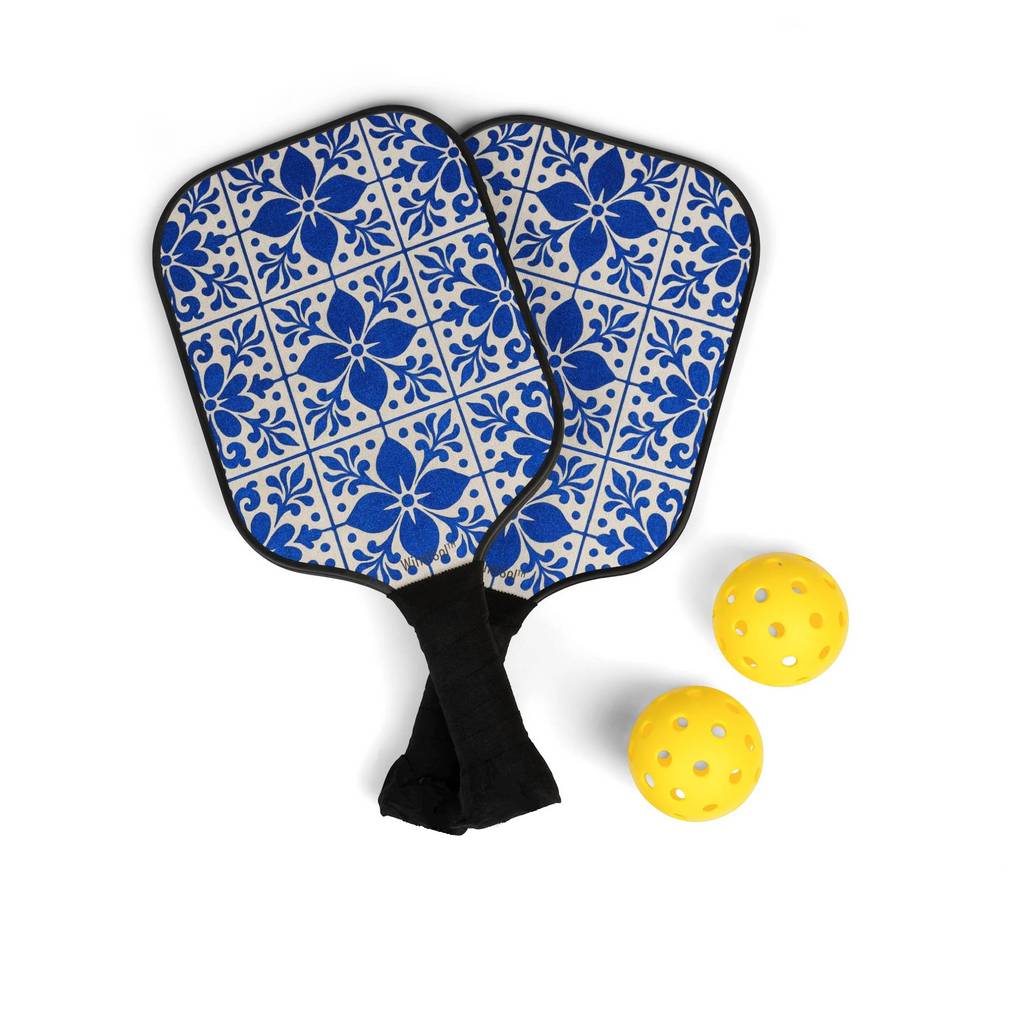 Colorful pickleball paddle set with floral Talavera design, two yellow balls included