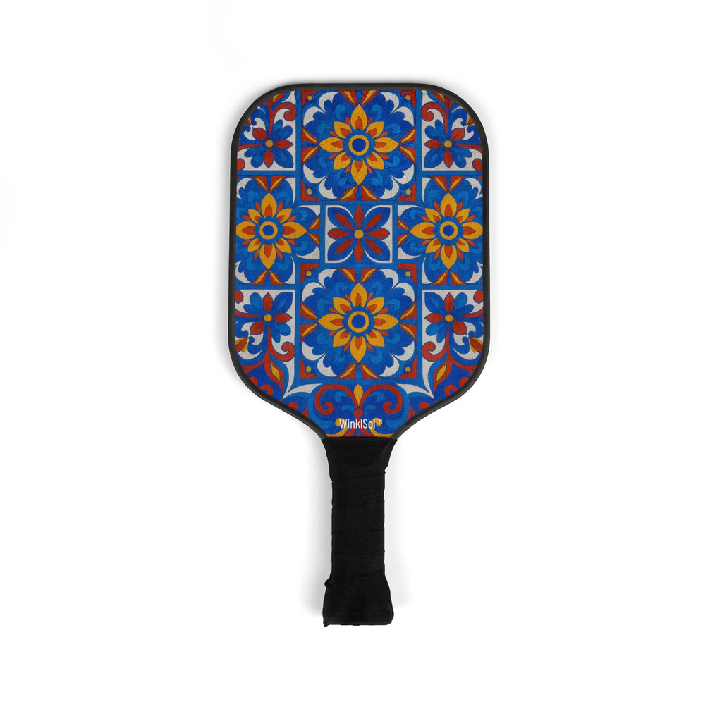 Colorful pickleball paddle with floral Talavera design