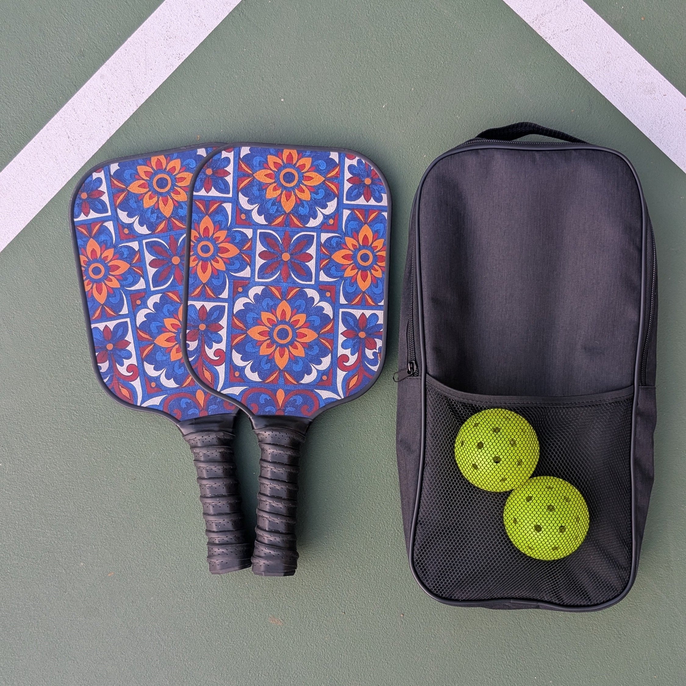 Sunburst Talavera Pickleball Paddle Set – 2 Paddles, 2 Balls & Carry Bag